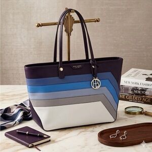 RARE Henri Bendel Blue Chevron Stripe Leather Tote Bag